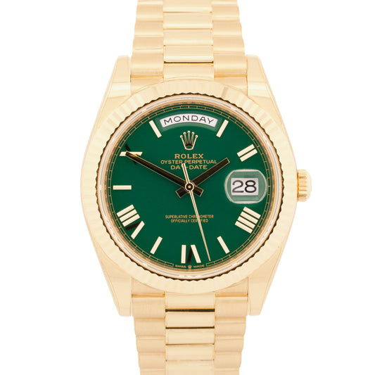 2025 PAPERS Rolex Day-Date President 40mm GREEN ROMAN 18K Yellow Gold 228238 BOX