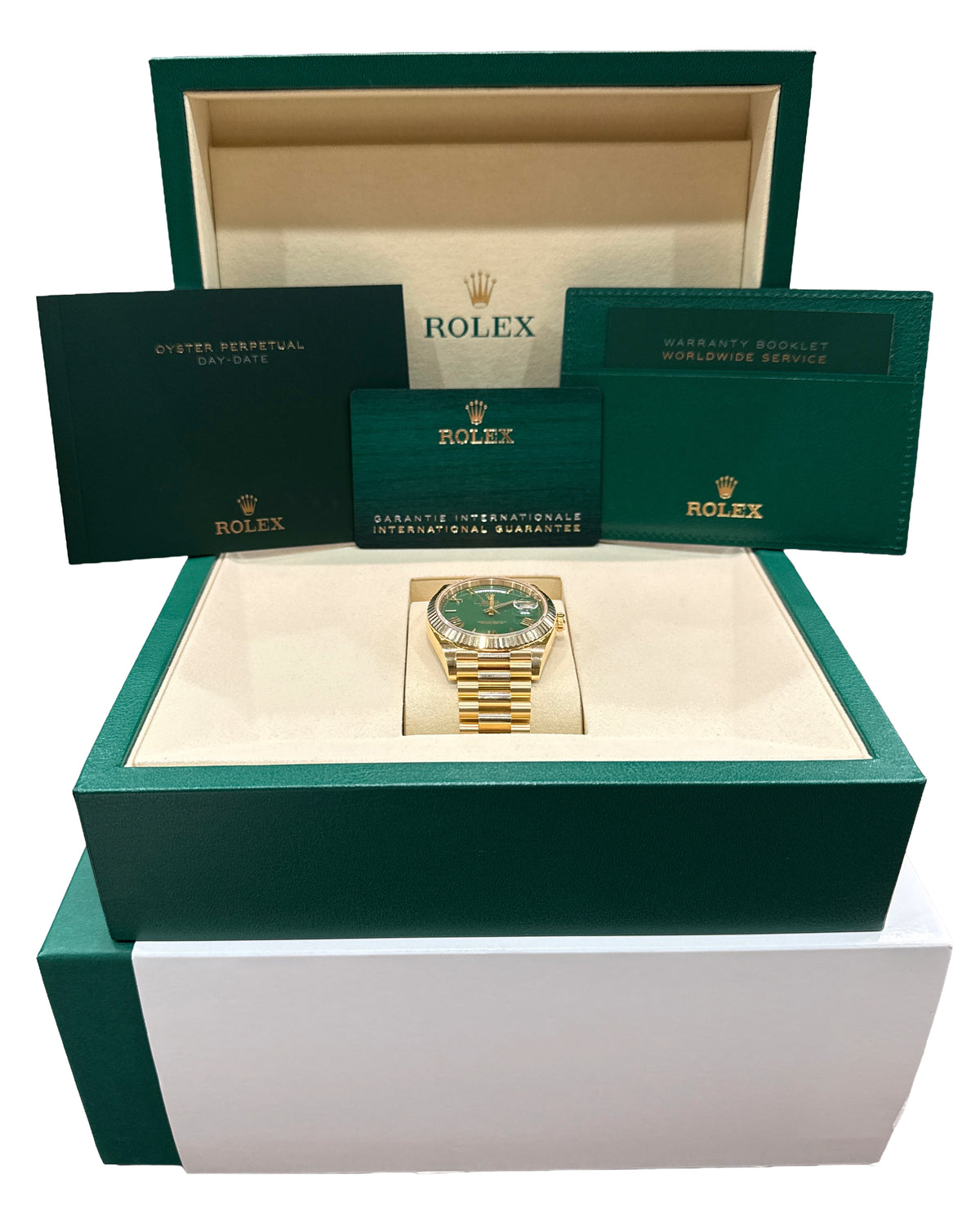 New October 2026 Rolex Day-Date 228238 Green Roman 18K Gold 40mm Box Papers