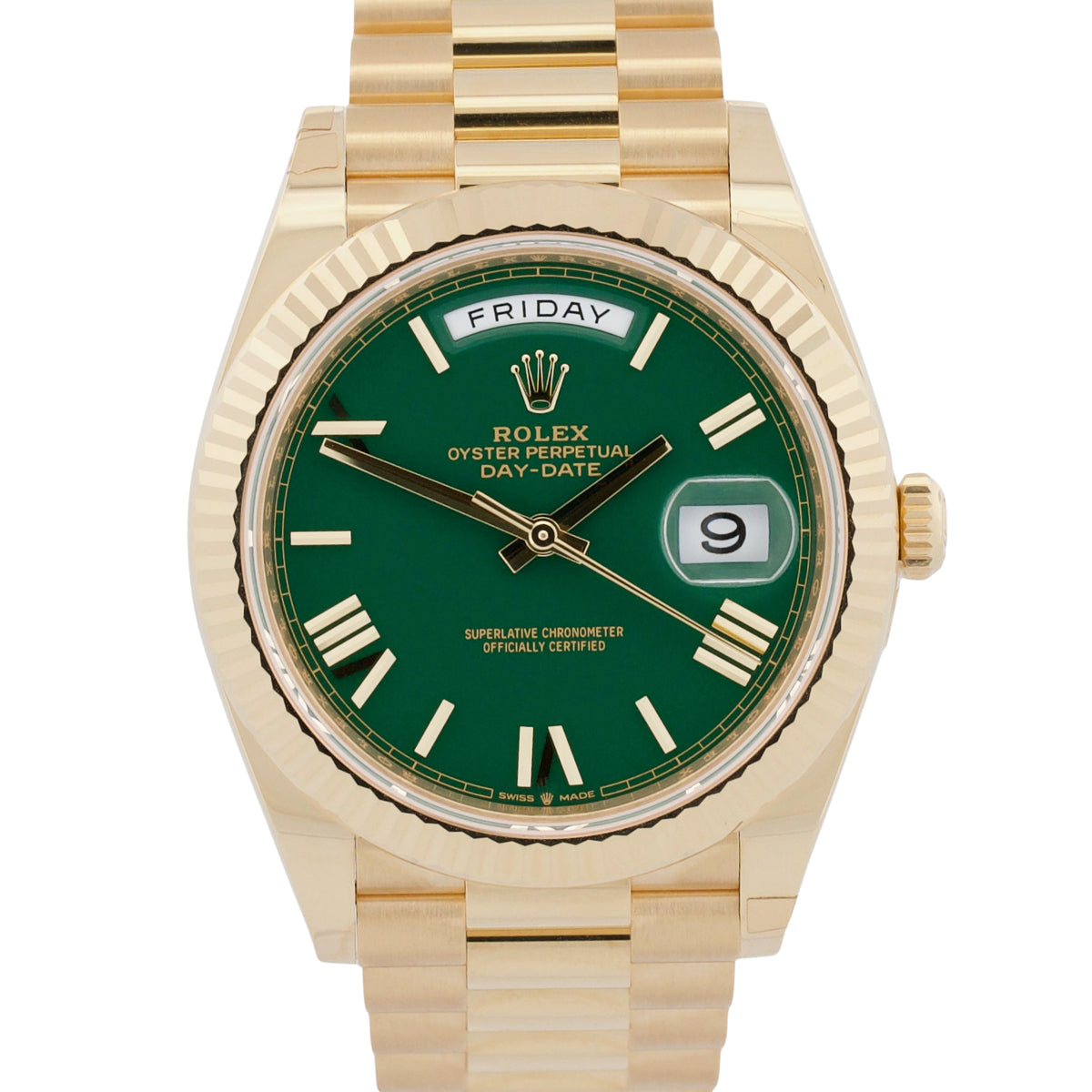 New October 2026 Rolex Day-Date 228238 Green Roman 18K Gold 40mm Box Papers
