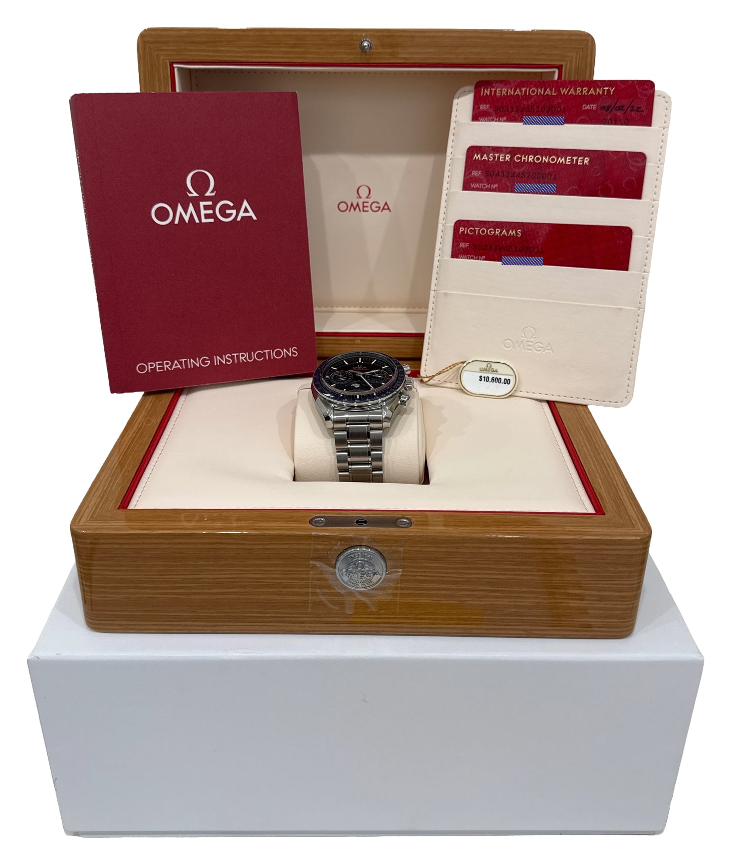 2022 PAPERS Omega Speedmaster Moonphase BLUE Stainless 304.33.44.52.03.001 BOX