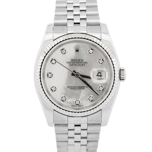 PAPERS Rolex DateJust 36mm FACTORY MOP DIAMOND Steel JUBILEE 18K Gold 116234 BOX