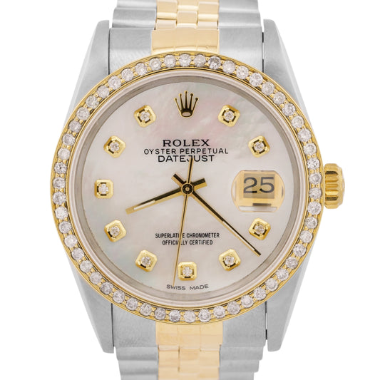 PAPERS Rolex DateJust 36mm MOP DIAMOND 18K Gold Steel JUBILEE Watch 16233 BOX