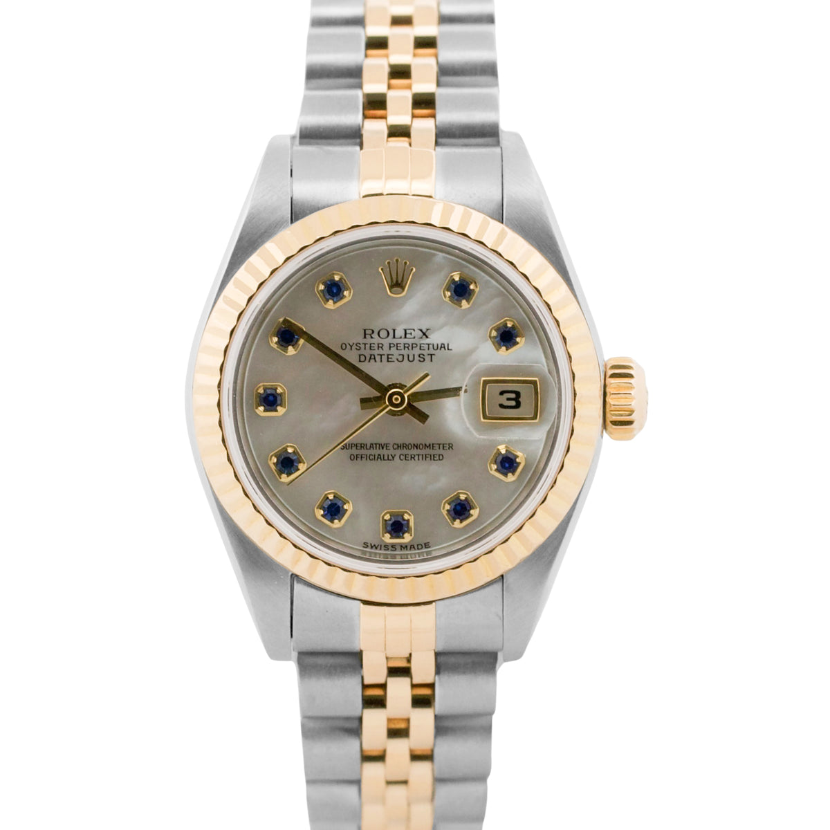 Ladies Rolex DateJust 79173 Factory MOP Sapphire 18K Steel 26mm Jubilee Watch