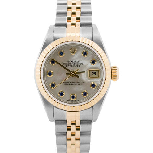 Ladies Rolex DateJust 79173 Factory MOP Sapphire 18K Steel 26mm Jubilee Watch