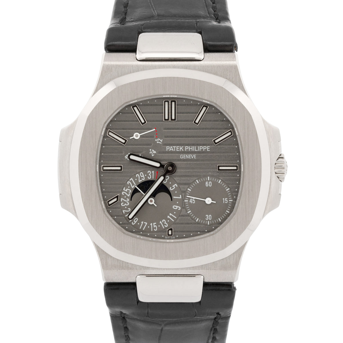 Patek Philippe Nautilus 5712G-001 Gray Moon Phase 18K White Gold Leather Watch