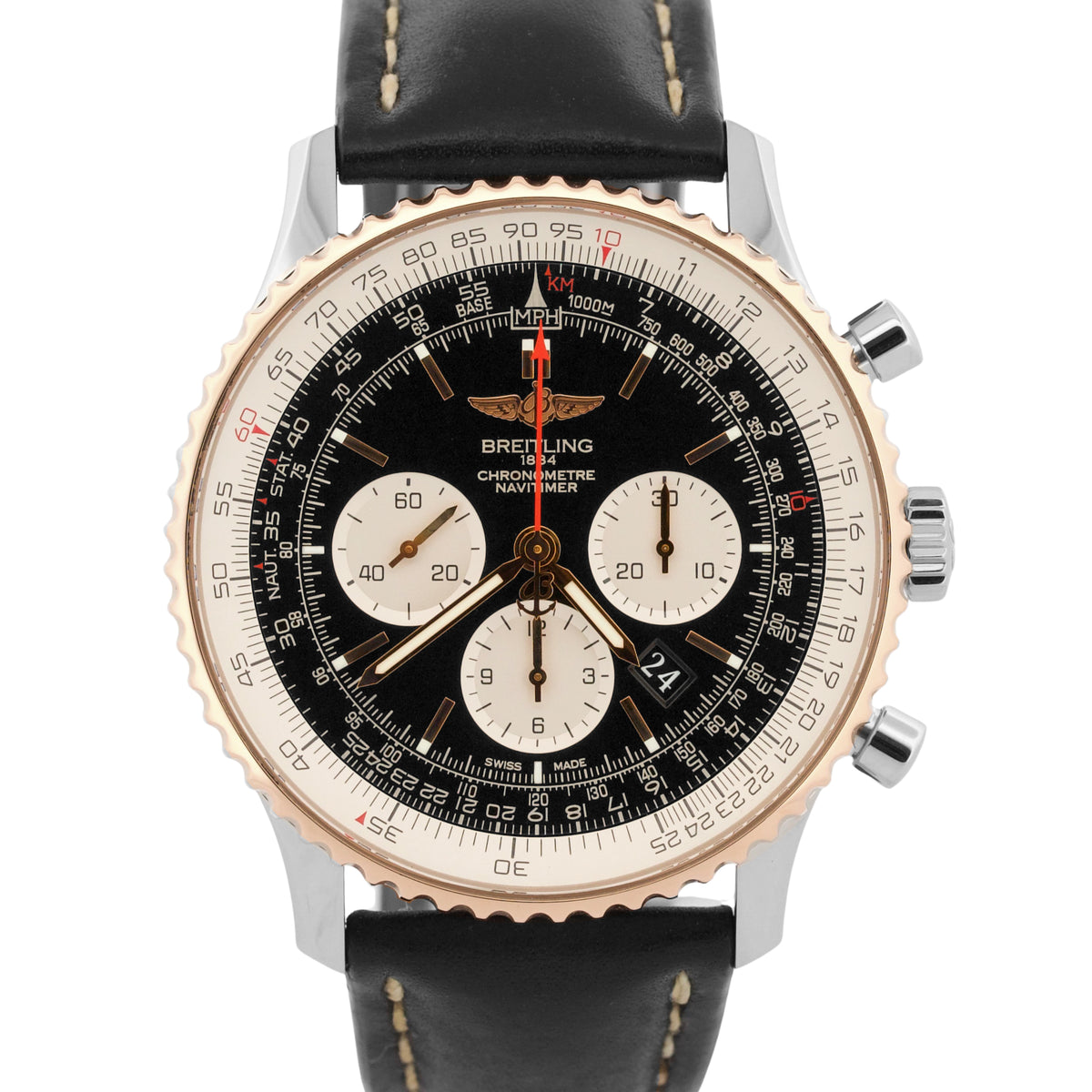 Breitling Navitimer UB0127 Black Stainless Steel 18K Rose Gold Leather 46mm Box