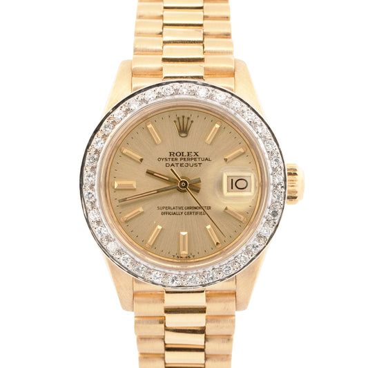 Rolex DateJust President 26mm DIAMOND BEZEL Champagne 18K Yellow Gold 6917 Watch