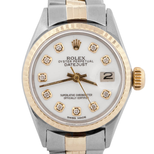 Ladies Rolex Date 26mm White DIAMOND Two-Tone JUBILEE Gold Fluted 6517 Watch
