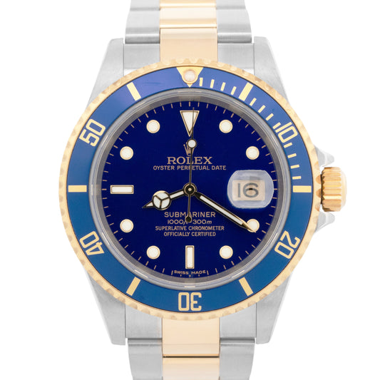PAPERS Rolex Submariner 40mm Blue NO-HOLE 18K Yellow GOLD BUCKLE Watch 16613 BOX