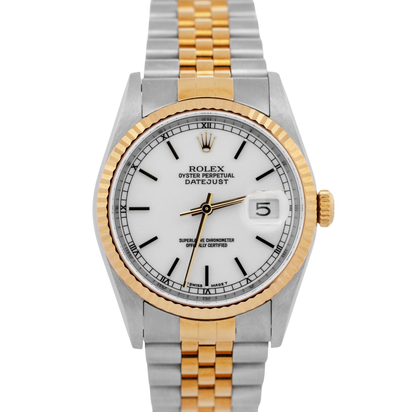 NEW 1999 PAPERS Rolex DateJust 36mm WHITE 18K Gold NOS Steel JUBILEE 16233 BOX