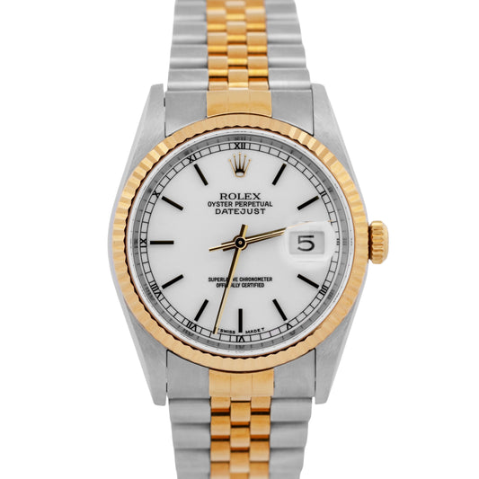 NEW 1999 PAPERS Rolex DateJust 36mm WHITE 18K Gold NOS Steel JUBILEE 16233 BOX