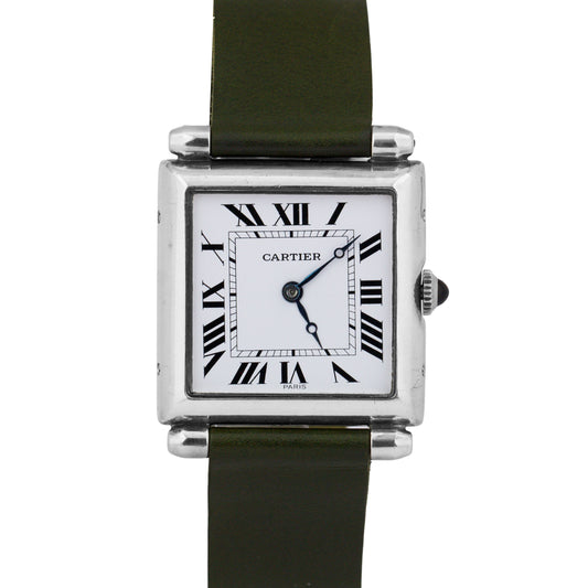 VINTAGE Cartier Tank Obus Sterling Silver Green Leather 25mm Manual Watch