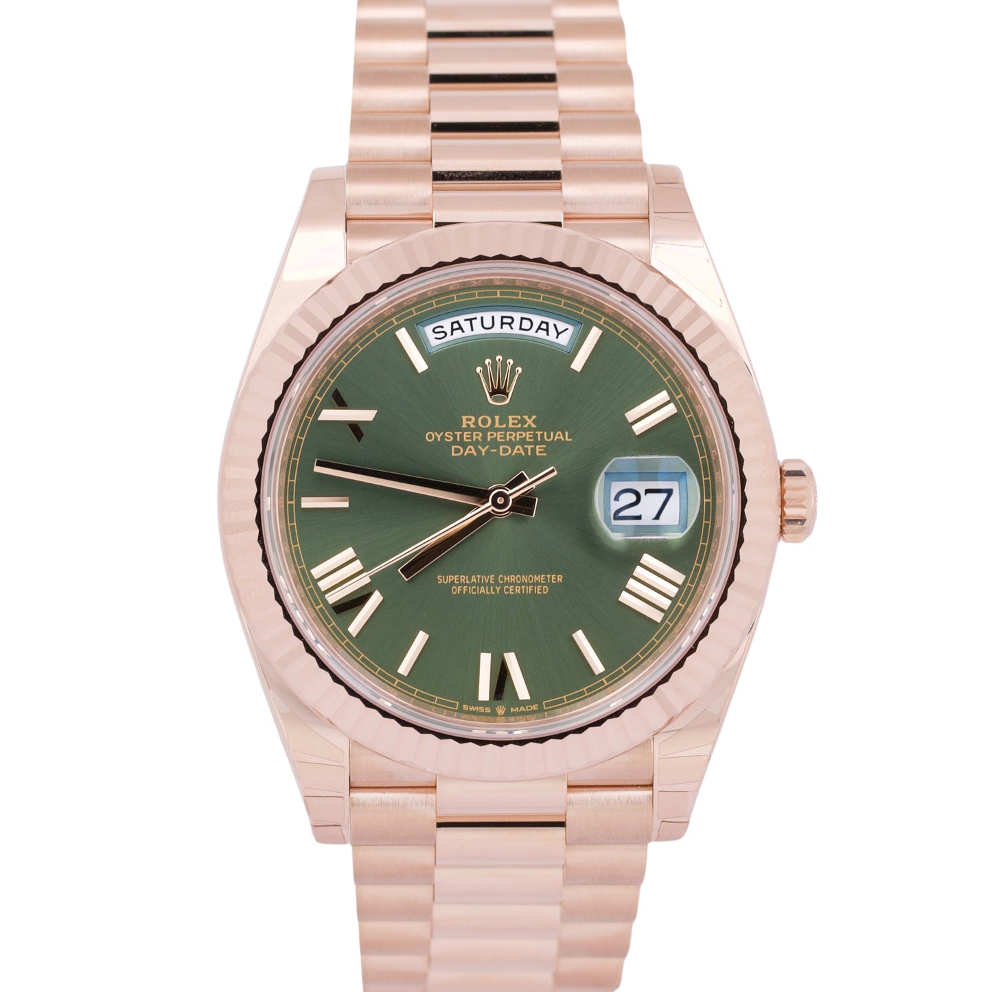 APRIL 2024 NEW Rolex Day-Date 40 Olive Green President 18K Rose Gold 228235 B+P