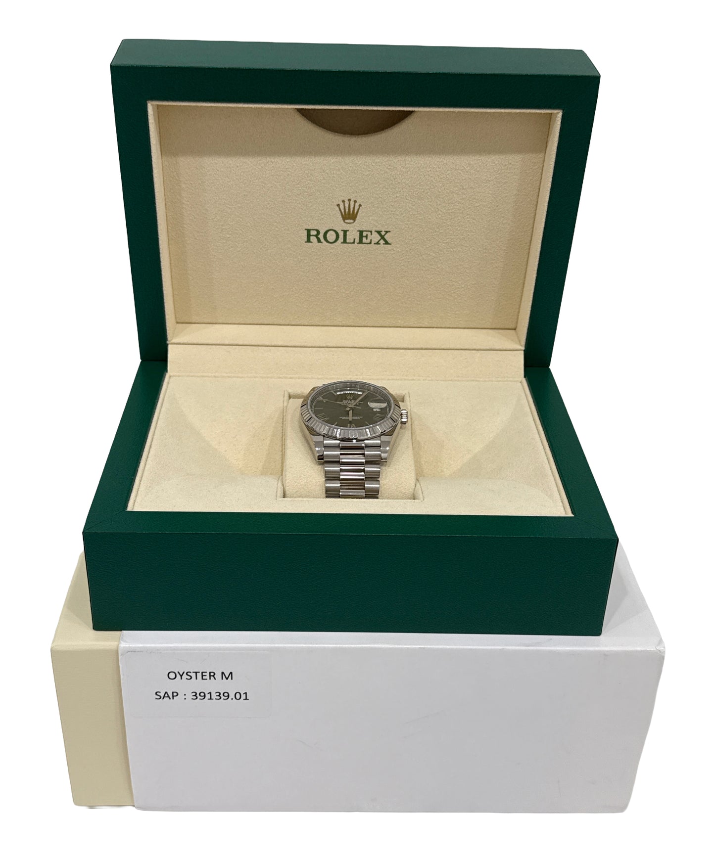 Rolex Day-Date 40mm OLIVE ROMAN Green President 18K White Gold 228239 Watch BOX