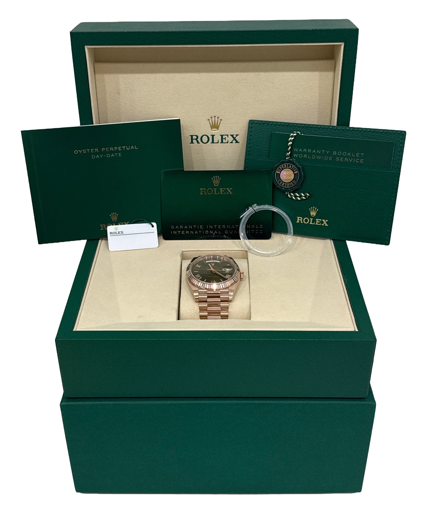 2025 PAPERS Rolex Day-Date President 40mm OLIVE GREEN 18K Rose Gold 228235 BOX