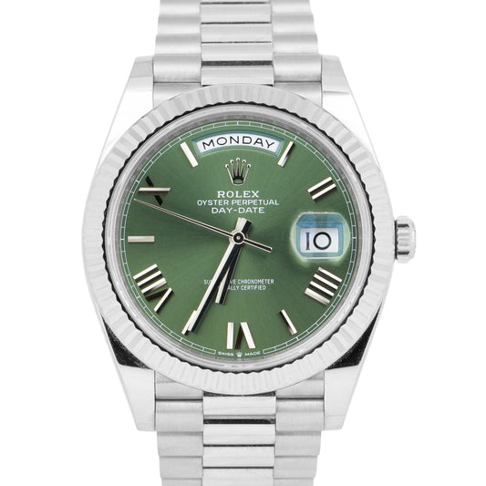 Rolex Day-Date 40mm OLIVE Green Roman President 18K White Gold 228239 Watch BOX
