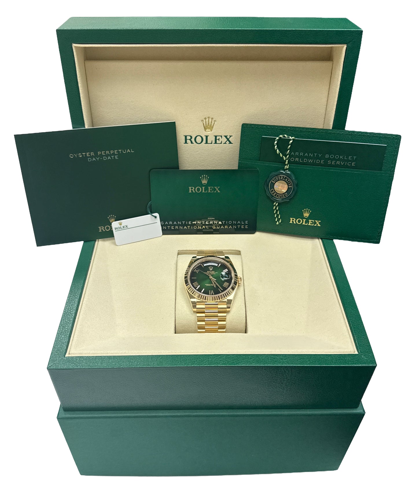 NEW DEC 2025 Rolex Day-Date 228238 President GREEN OMBRE ROMAN 40mm BOX PAPERS
