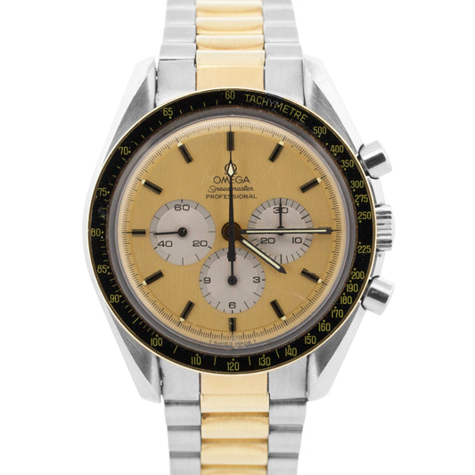 PAPERS Omega Speedmaster CHAMPAGNE Two-Tone 42mm Yellow Gold Steel DD145.022 BOX