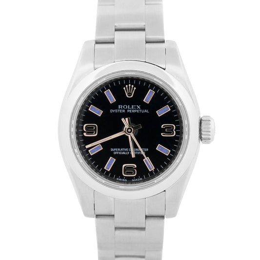PAPERS Rolex Oyster Perpetual BLACK PURPLE 26mm Stainless Steel Watch 176200 BOX