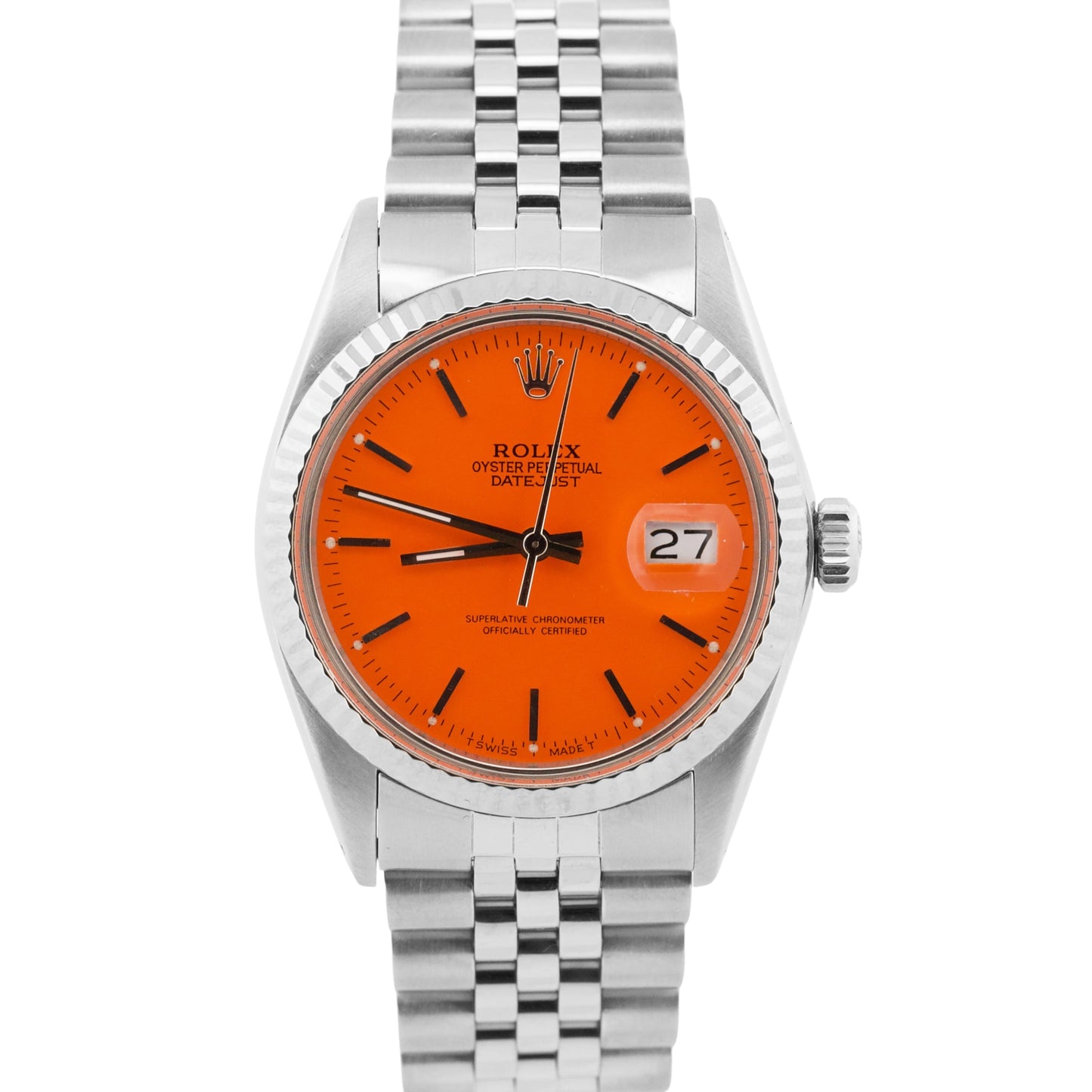 Rolex DateJust 36mm ORANGE Stainless Steel 18K White Gold JUBILEE Fluted 16014