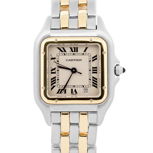 Ladies Cartier Panthere Midsize IVORY 18K Gold Steel TWO ROW 27mm Quartz 83949