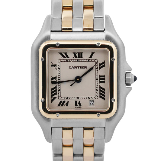 Cartier Panthere TWO ROW 18K Gold Steel 27mm IVORY Roman Quartz W25028B6 11002
