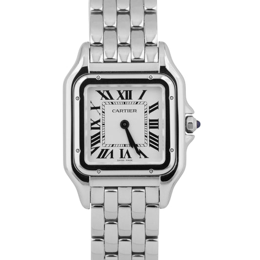 MINT Ladies Cartier Panthere Stainless Steel WHITE Roman 22mm Quartz Watch 4016