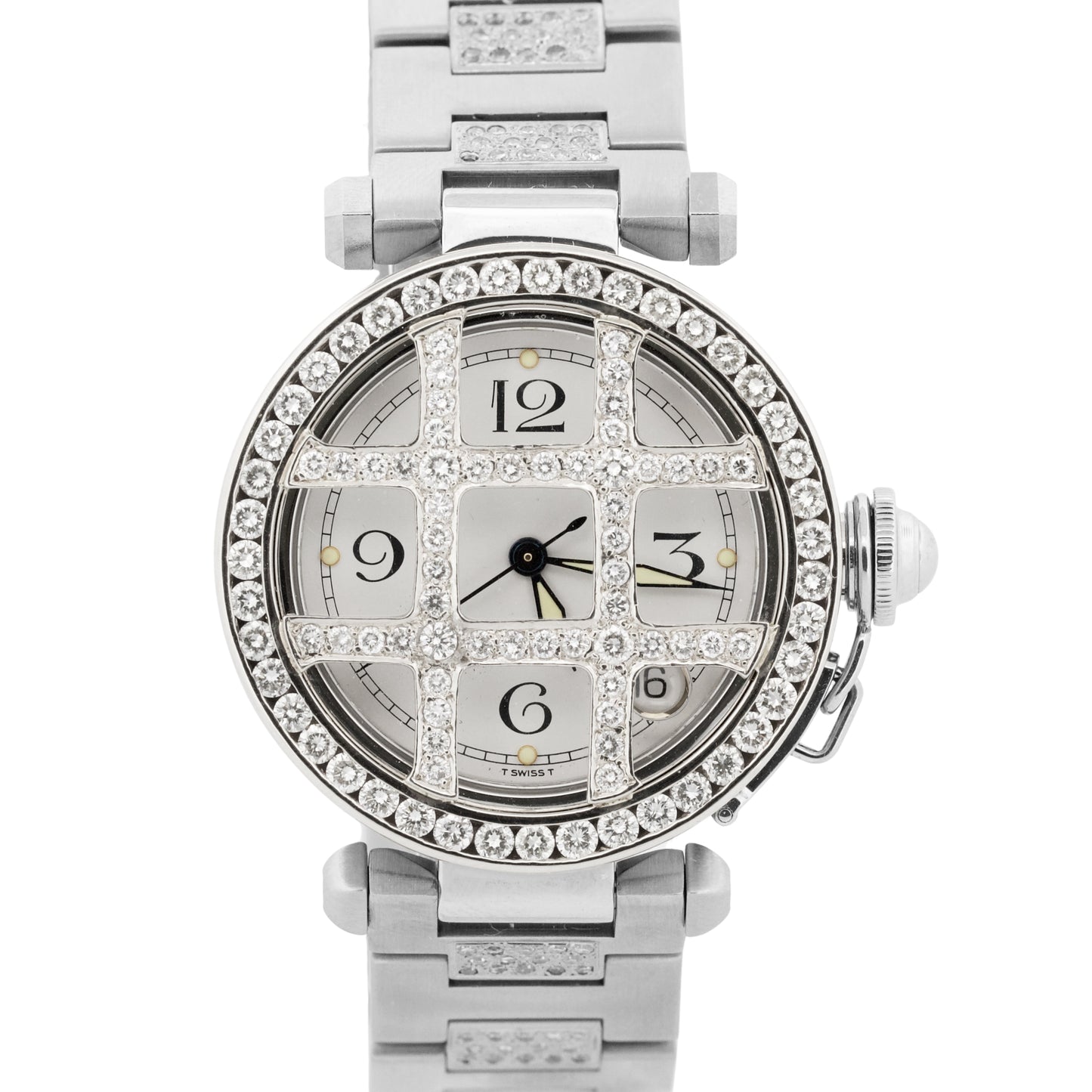 Cartier Pasha WHITE DIAMOND Stainless Steel Arabic Date 35mm 2324 W31015M7 Watch