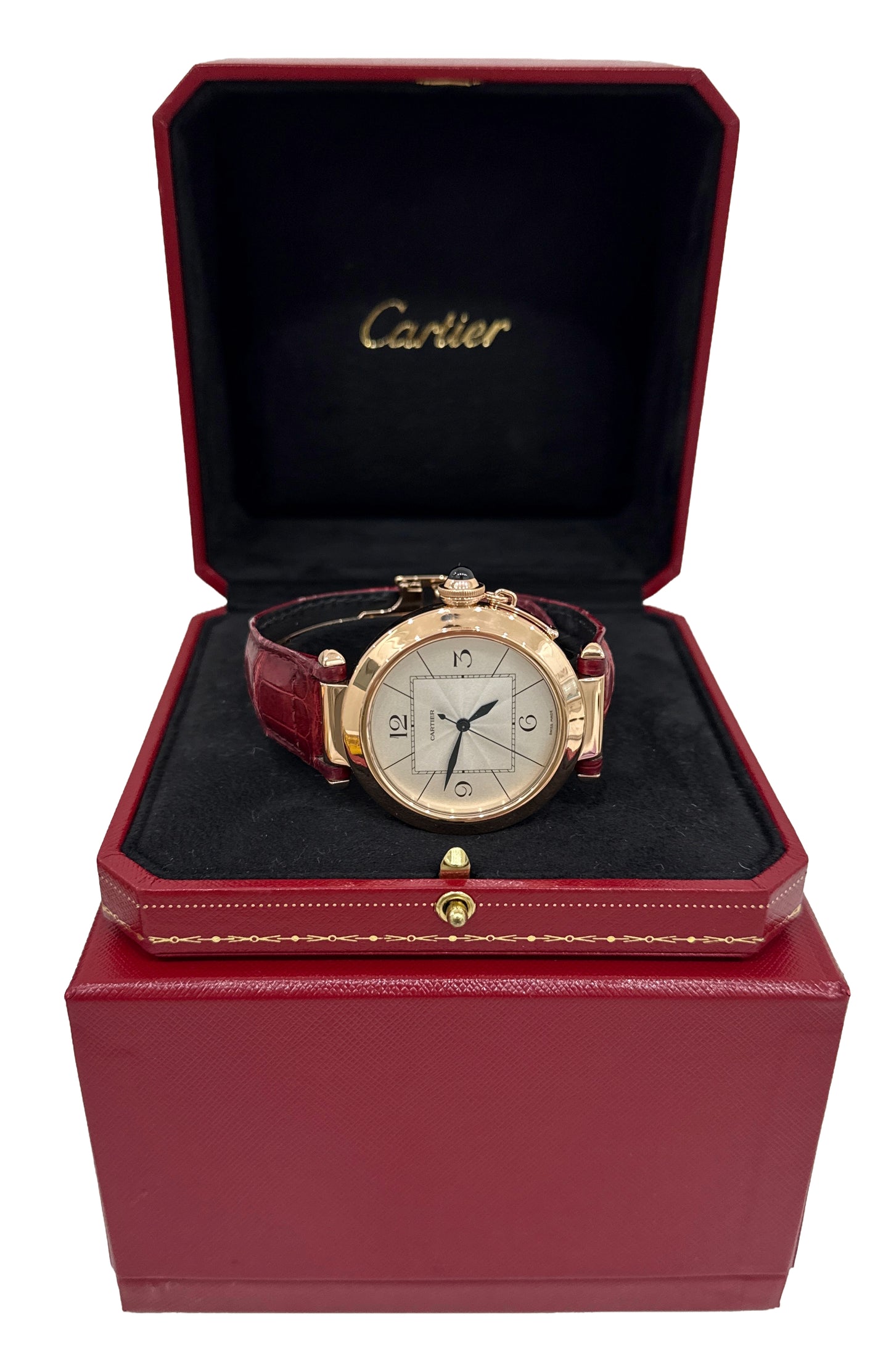 Cartier Pasha SILVER ARABIC 18K Rose Gold Leather 42mm Watch 2770 W3019051 BOX