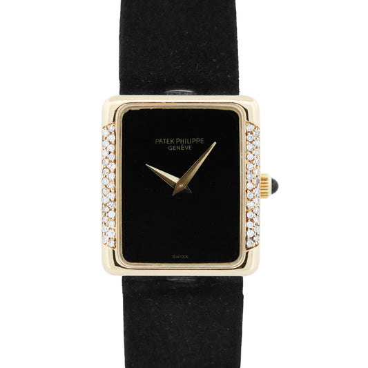 Ladies Patek Philippe BLACK ONYX DIAMOND 22mm Manual 18K Yellow Gold Watch 4311