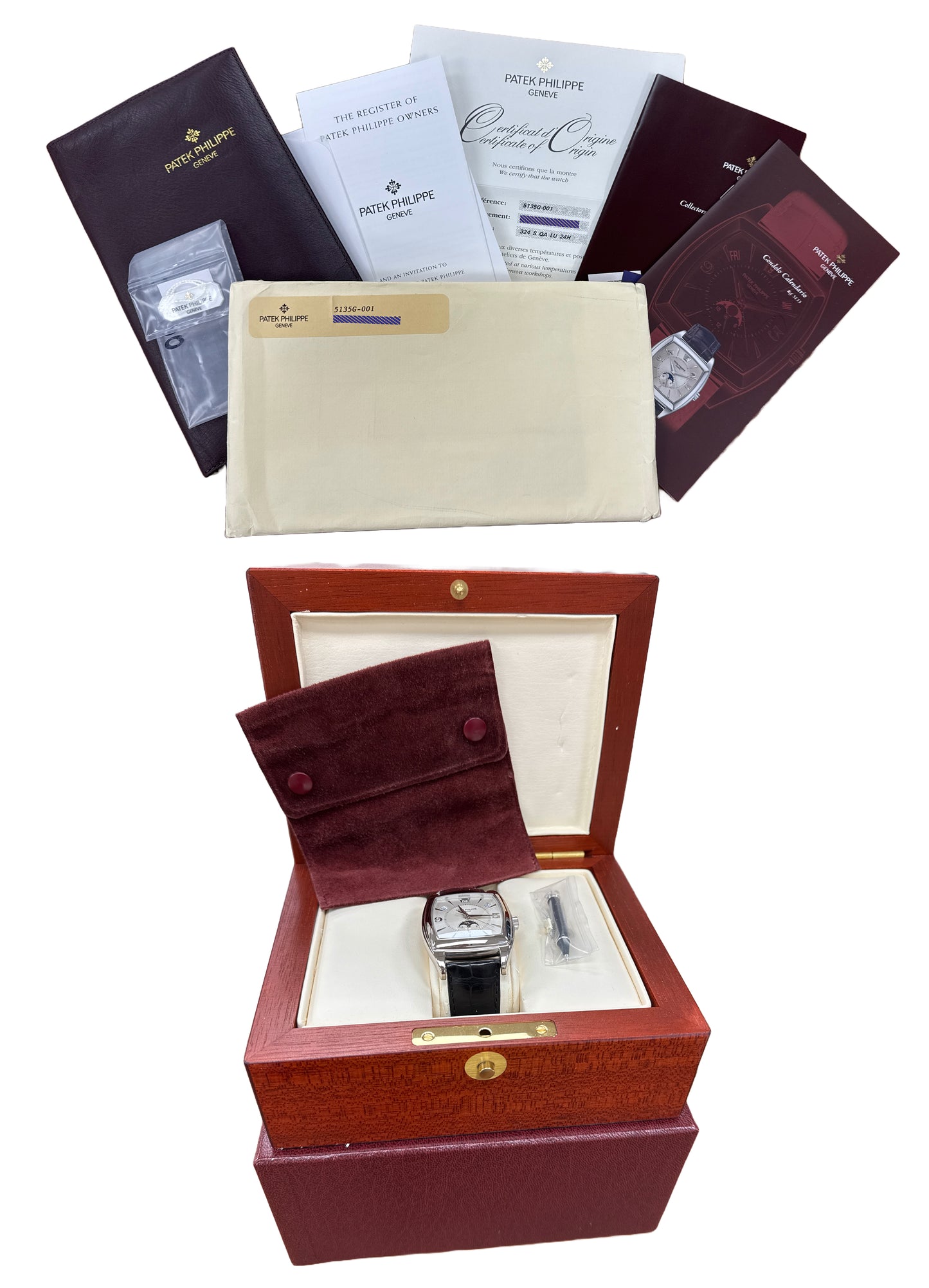 PAPERS Patek Philippe Gondolo Calendario 18k White Gold 51mm 5135G Watch BOX