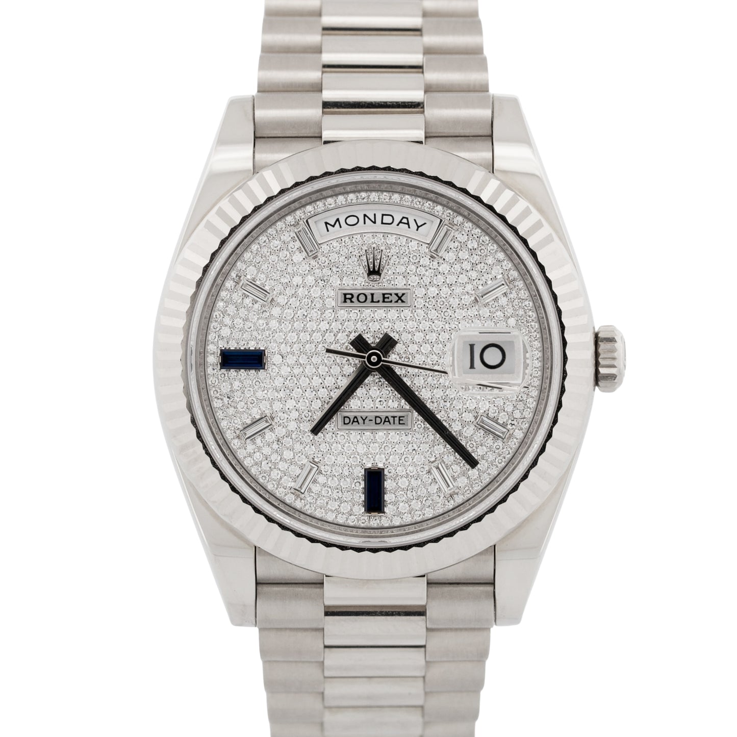 2021 Rolex Day-Date President 228239 Pave Diamond Blue 18K Gold 40mm Box Papers