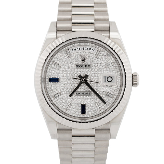 2021 Rolex Day-Date President 228239 Pave Diamond Blue 18K Gold 40mm Box Papers