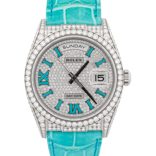 NEW 2025 PAPERS Rolex Day-Date PAVE DIAMOND TURQUOISE ROMAN 36mm 128159RBR BOX