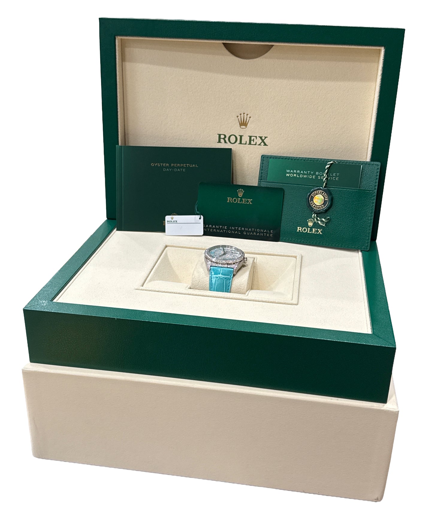 NEW 2025 PAPERS Rolex Day-Date PAVE DIAMOND TURQUOISE ROMAN 36mm 128159RBR BOX