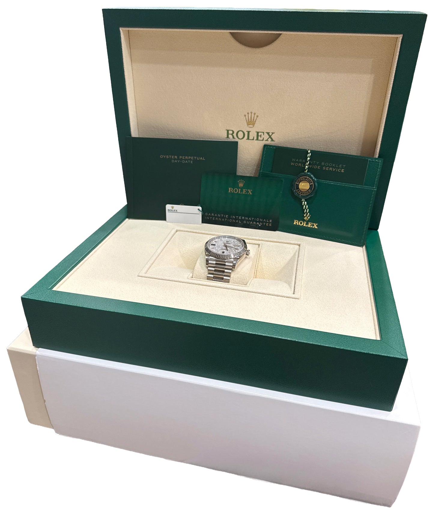 2021 Rolex Day-Date President 228239 Pave Diamond Blue 18K Gold 40mm Box Papers