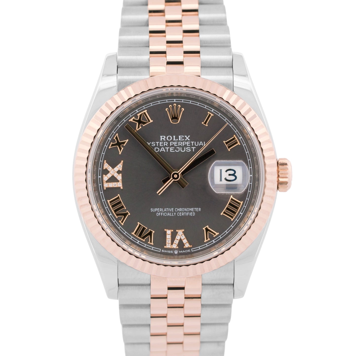 Rolex DateJust RHODIUM ROMAN DIAMOND 18K Rose Gold Steel JUBILEE 36mm 126231