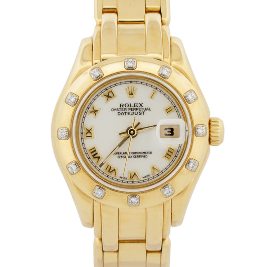 Ladies Rolex DateJust Pearlmaster DIAMOND WHITE ROMAN 18K Yellow Gold 29mm 69318
