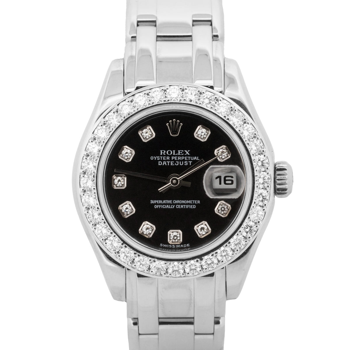 2000 Rolex DateJust Pearlmaster 80299 Black Diamond 18k White Gold 29mm Watch