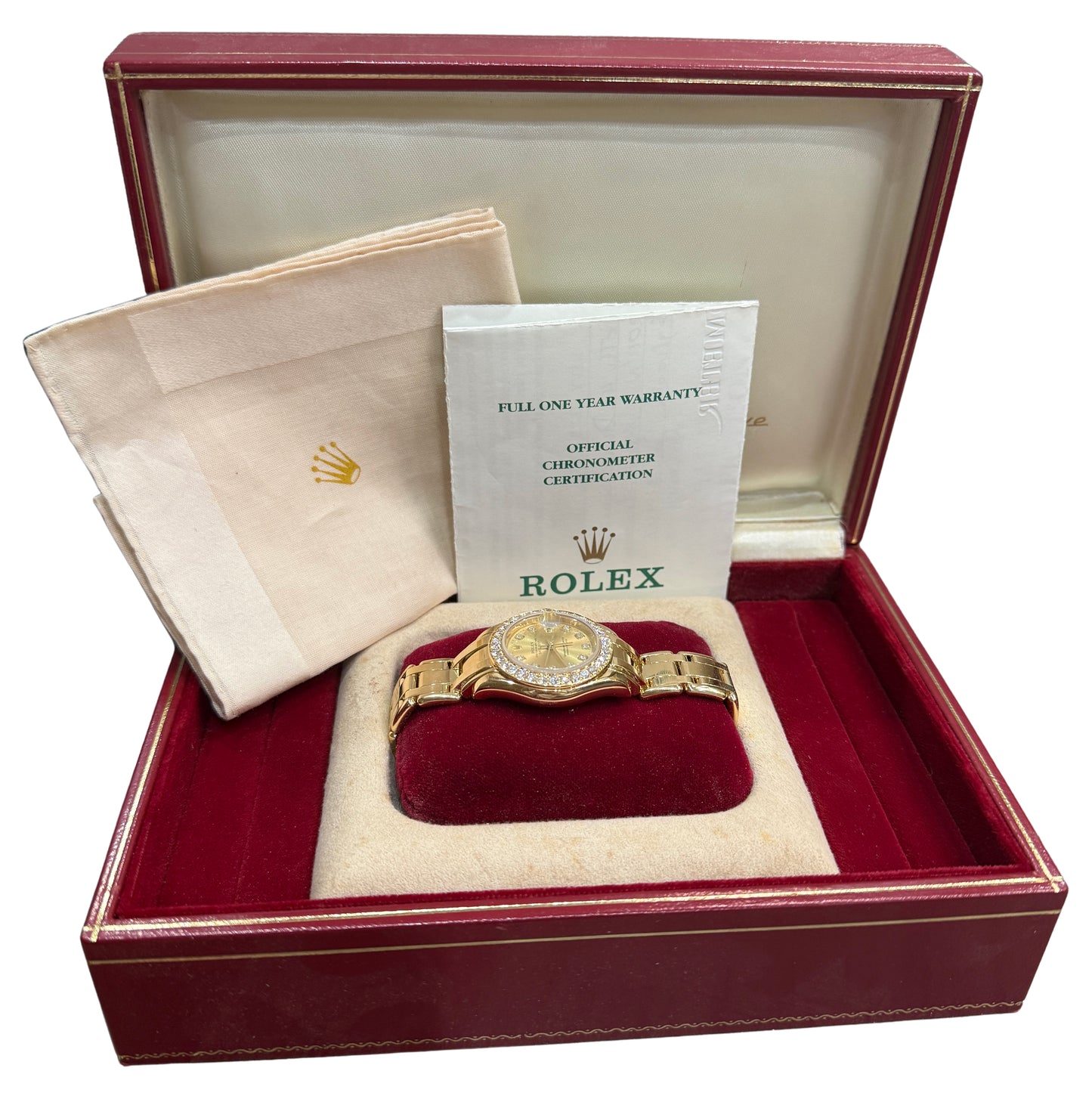 2001 PAPERS Rolex DateJust Pearlmaster CHAMPAGNE DIAMOND 18K Gold 29mm 80298 BOX
