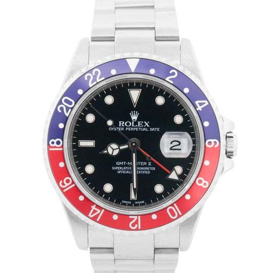 Rolex GMT-Master II 40mm PEPSI Red Blue Stainless Steel NO-HOLES 16710 Watch