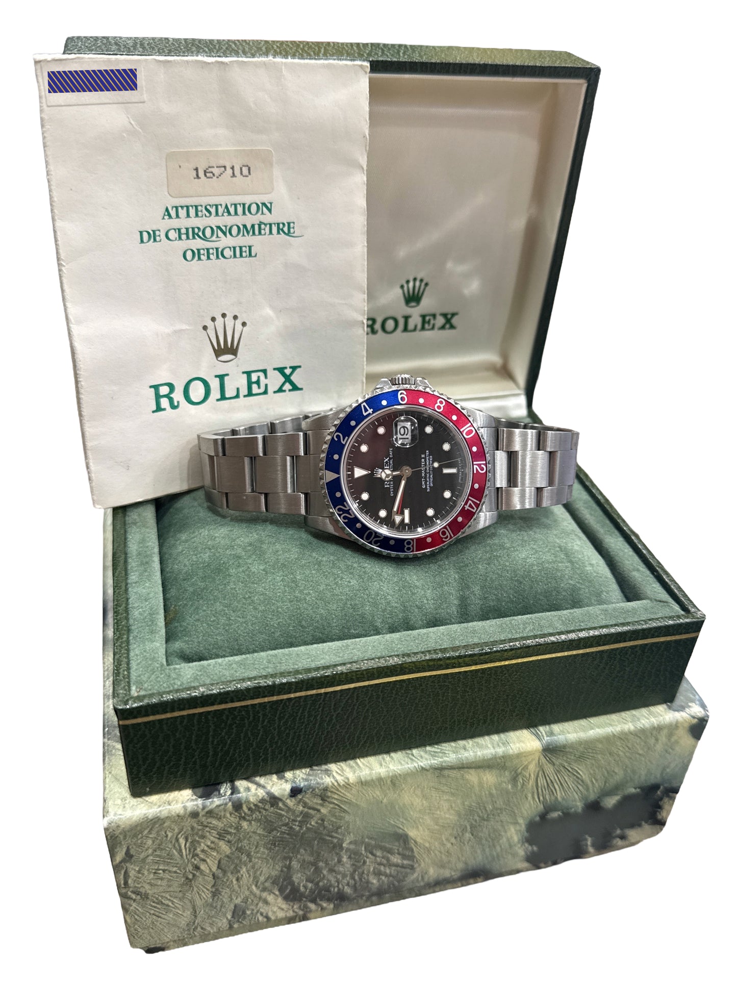1995 PAPERS Rolex GMT-Master II PEPSI Red Blue Steel OYSTER 40mm 16710 Watch BOX
