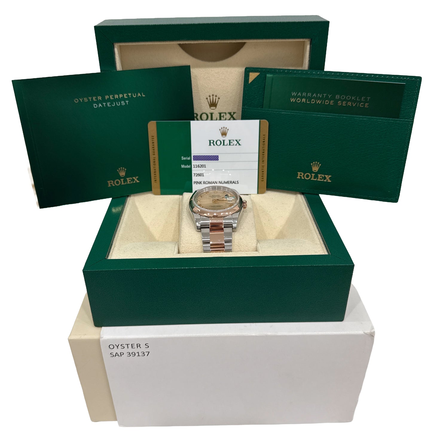 PAPERS Rolex DateJust 36mm PINK ROMAN 18K Rose Gold Steel OYSTER 116201 BOX