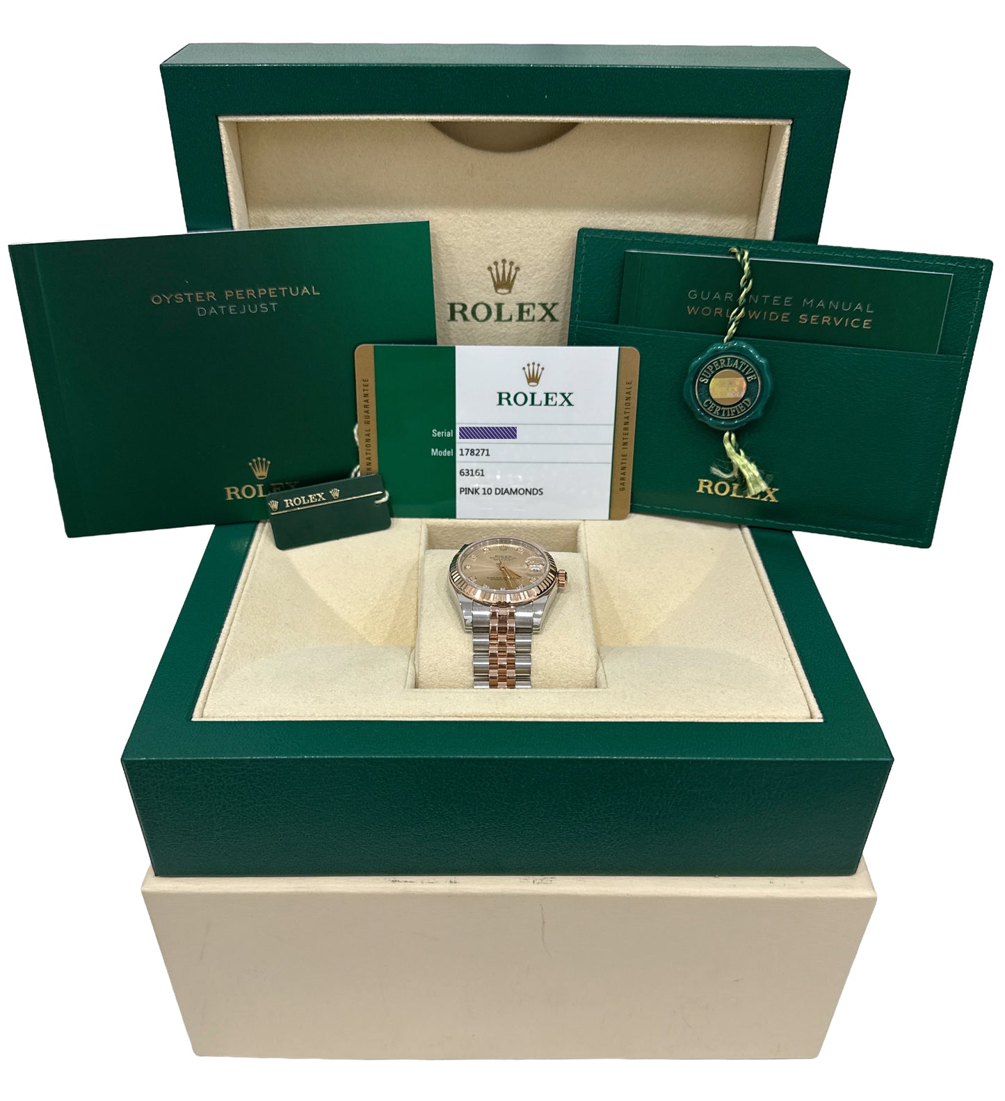 2016 PAPERS Rolex DateJust 31mm Pink SUNDUST DIAMOND 18K Gold JUBILEE 178271 BOX