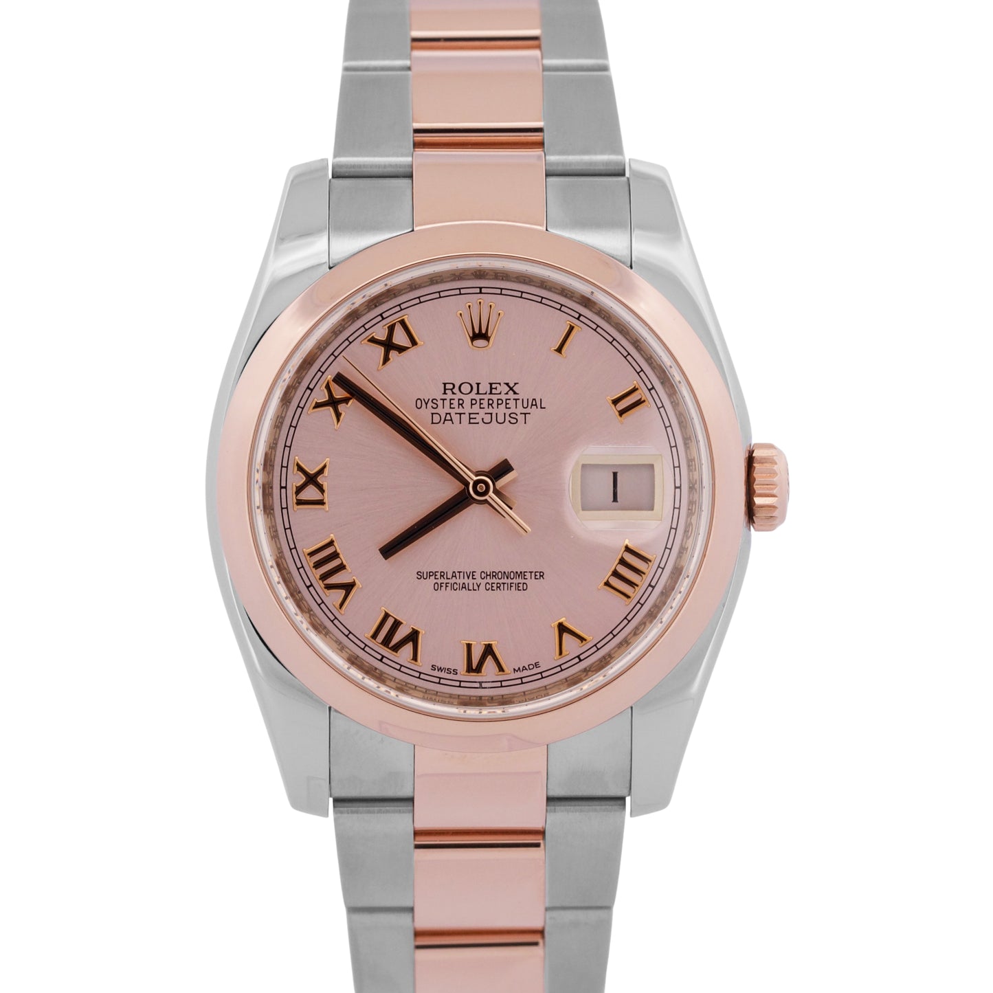 PAPERS Rolex DateJust 36mm PINK ROMAN 18K Rose Gold Steel OYSTER 116201 BOX