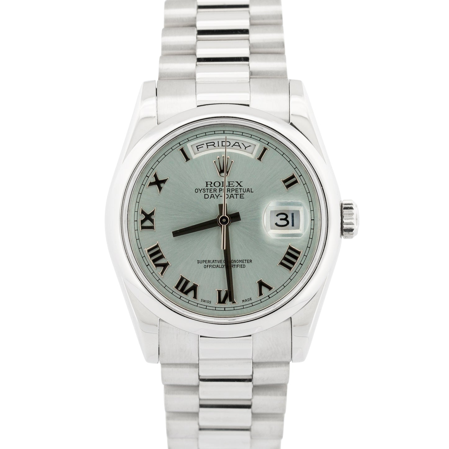 PAPERS Rolex Day-Date Presidential 36mm GLACIER BLUE ROMAN Platinum 118206 BOX
