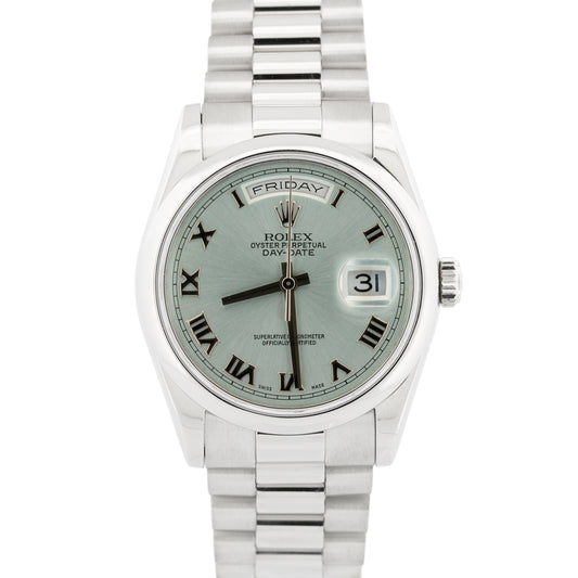 PAPERS Rolex Day-Date Presidential 36mm GLACIER BLUE ROMAN Platinum 118206 BOX