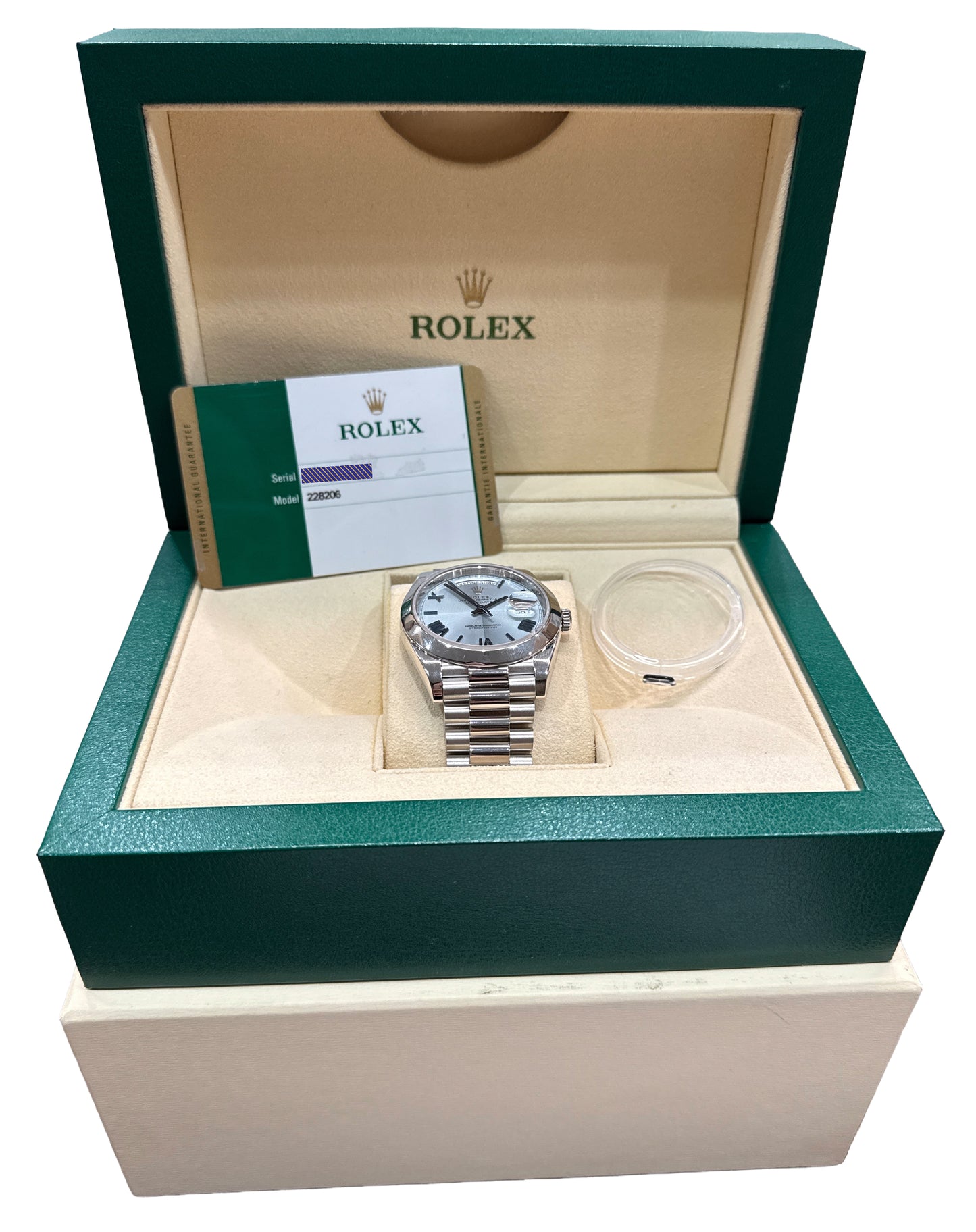 PAPERS Rolex Day-Date President 40mm Platinum BLUE QUADRANT Glacier 228206 BOX
