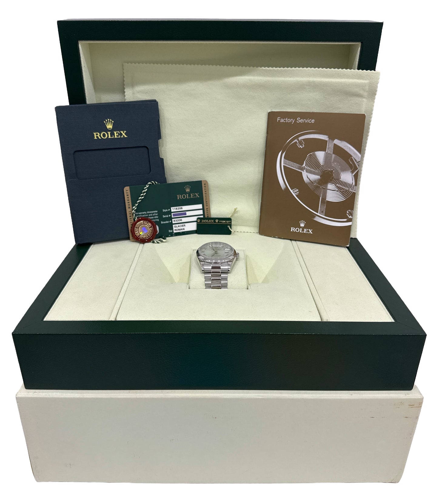 PAPERS Rolex Day-Date Presidential 36mm GLACIER BLUE ROMAN Platinum 118206 BOX