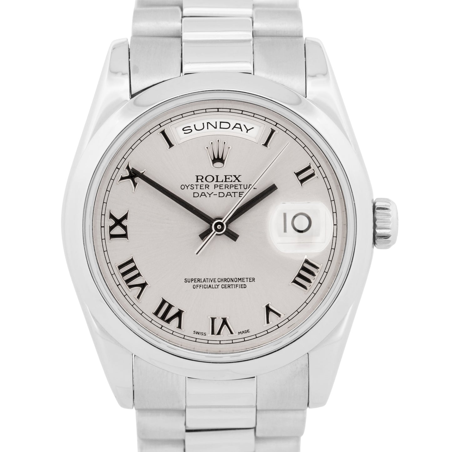 2000 Rolex Day-Date Presidential 36mm SILVER ROMAN 950 Platinum Smooth 118206